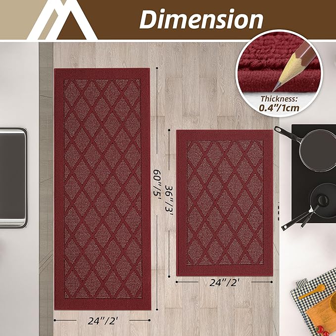COSY HOMEER Kitchen Mats, 2 PCS Kitchen Rug Non Slip Washable, Absorbent Runner Rugs for Kitchen Floor, 100% Polypropylene Kitchen Sink Rug 24"x36" + 24"x60"(Red)