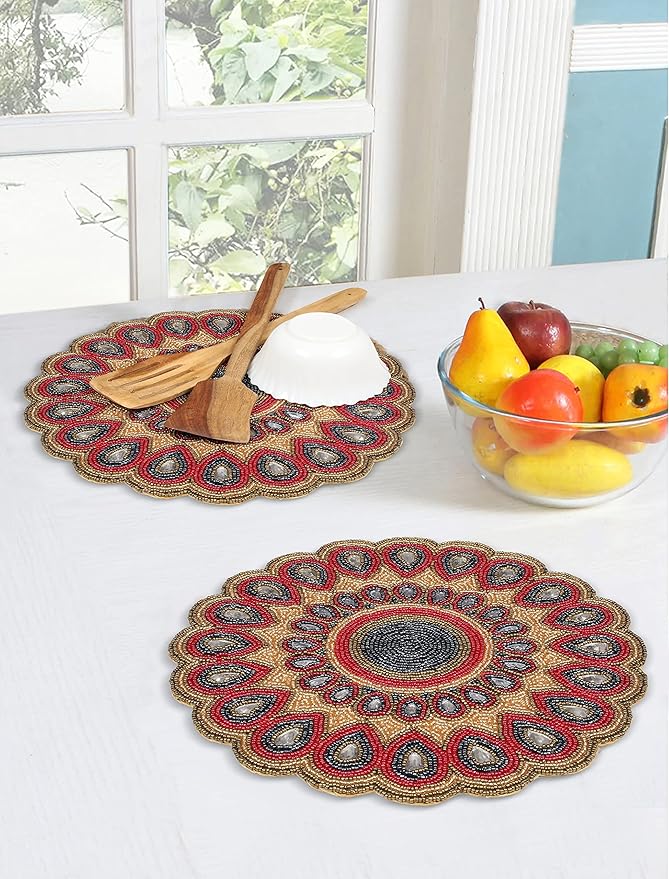 Scalop Floral Beaded Charger & Placemats - 13" Round, Gold, Red, Grey - Holiday & Christmas