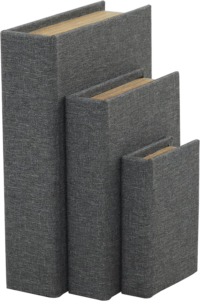 Deco 79 Linen Fabric Decorative Box Faux Storage Book Book Shaped Boxes, Set of 3 Decorative Keepsake Boxes 12", 9", 6"H, Light Gray