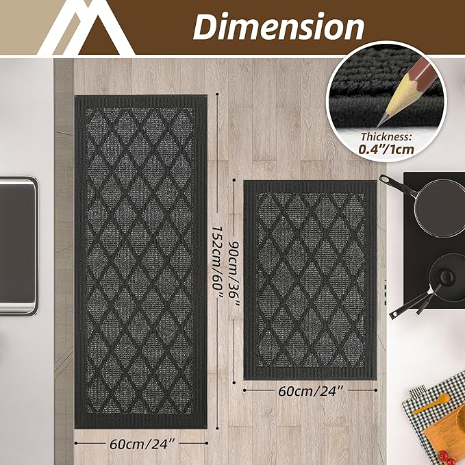 COSY HOMEER Kitchen Mats, 2 PCS Kitchen Rug Non Slip Washable, Absorbent Runner Rugs for Kitchen Floor, 100% Polypropylene Kitchen Sink Rug 24"x36" + 24"x60"(Dark Grey)