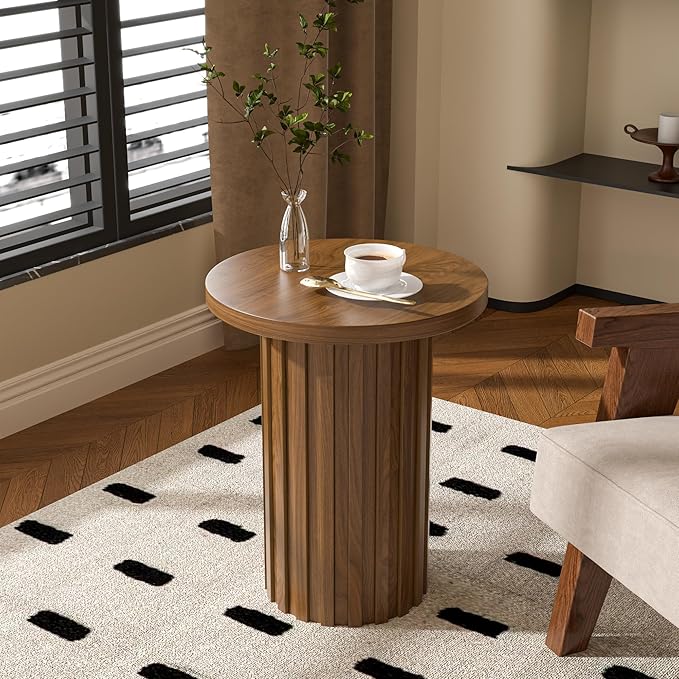 Farmhouse Pedestal End Table Round Side Table with Fluted Panel Rustic Drink Table for Small Space Living Room (Walnut)