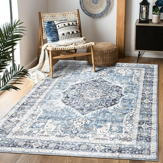Domitapis Area Rug 3×5, Vintage Boho Rug,Ultra-Soft Low Pile, Washable, Non Slip,Stain Resistant Printed Carpet for Living Room Bedrooms Playroom Office Kitchen, Light Blue