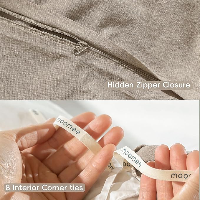 MooMee Bedding Duvet Cover Set 100% Washed Cotton Linen Like Textured Breathable Durable Soft Comfy (Heathered Tannish Linen Grey, Oversized Queen 98"x98")