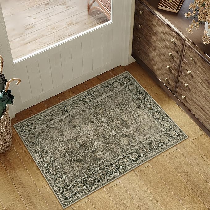 PureCozy Light Brown Entryway Area Rug 2x3 Vintage Indoor Kitchen Washable Door Mat Living Room Carpet Tribal Distressed Retro Accent Throw Rug for Office Dining Room Bathroom Faux Wool