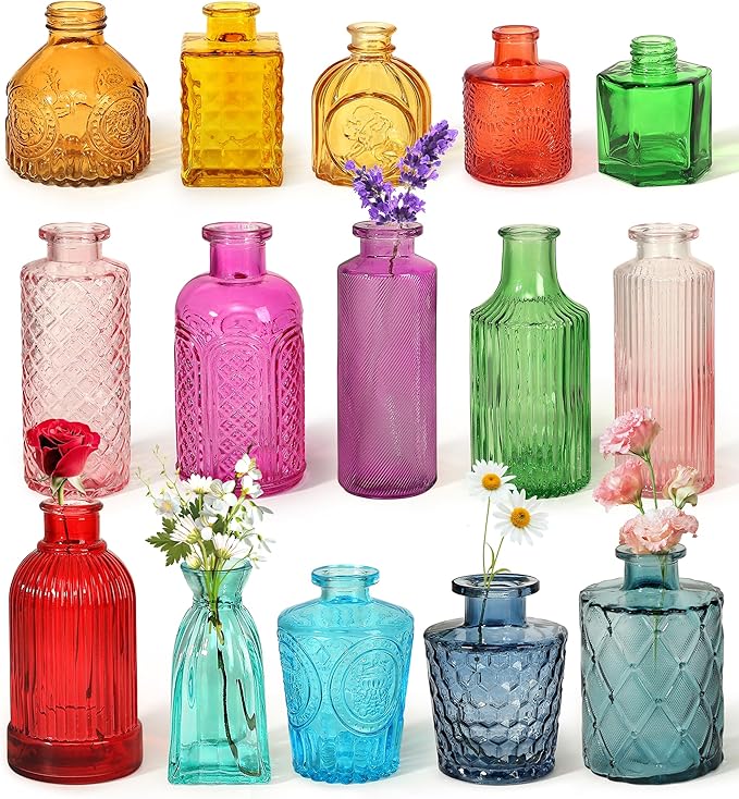 Set of 15 Colorful Glass Bud Vases - Small Textured Flower Vases for Centerpieces, Wedding Table Decor, Retro Home Decor Bulk Vase Set for DIY, Events & Gifts