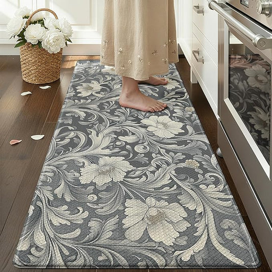 Color&Geometry Floral Kitchen Mat 24"x59", Anti Fatigue Mats for Kitchen Floor, Kitchen Rugs Non Slip, Waterproof & Oil Proof Kitchen Runner for Standing Desk Office, Sink - Grey