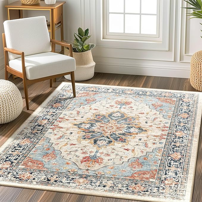RELEANY Area Rugs Square 4ft Washable Non-Slip, Floral Vintage Distress Print Pattern Medallion Carpet for Living Room Bedroom Dining Room, Beige Navy Blue Orange Colorful