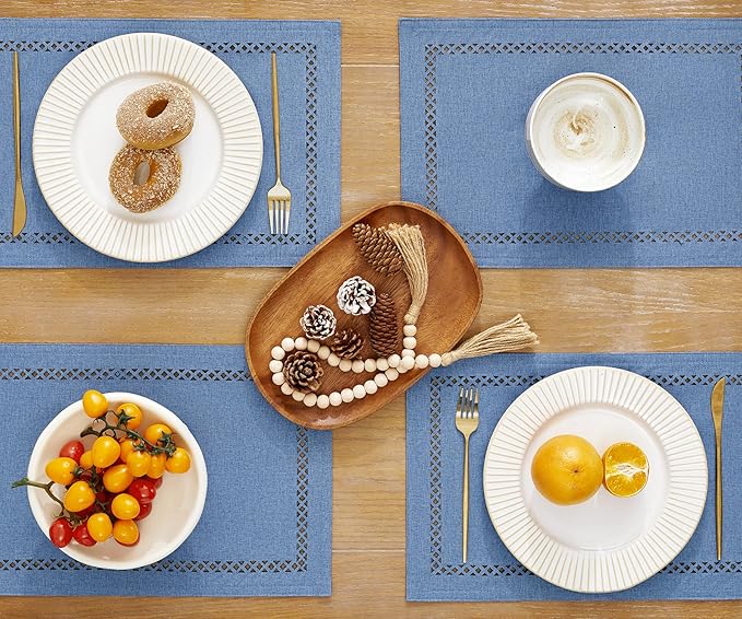 Burlap Placemats Set of 6, 12 x 18 Inch Rustic Geometric Hollow Place Mats, Heat Resistant Placemats for Farmhouse Kitchen Table Decor, Blue 6PCS