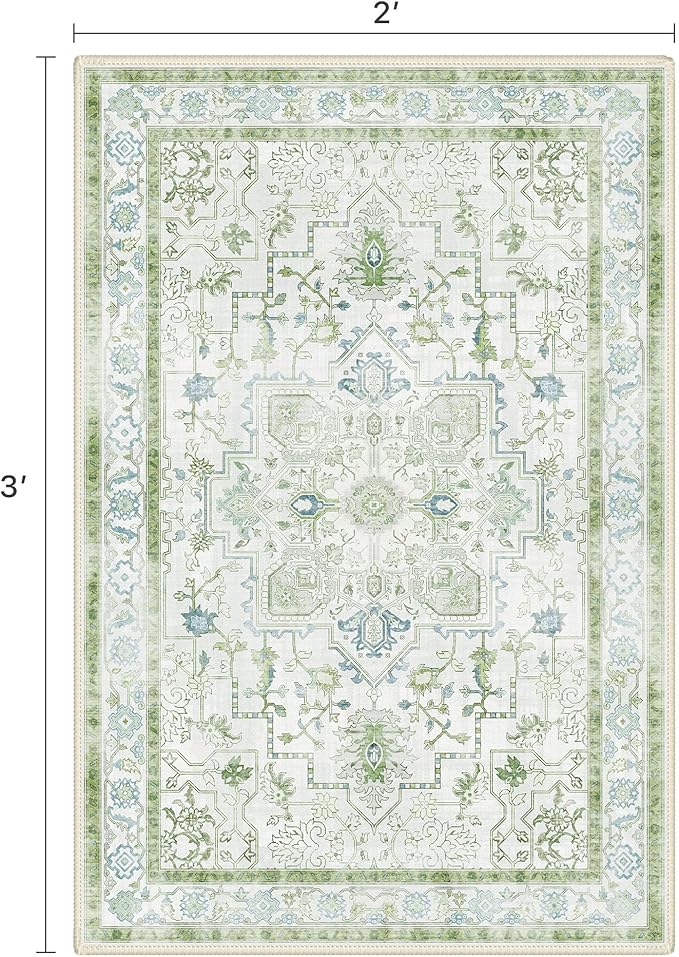BESBLEE Area Rug 2x3 Doormat, Machine Washable Low Pile Vintage Rugs, Small Lightweight Rug Entryway Indoor Mat for Entrance, Hallway, Kitchen and Corridor, Cream Green