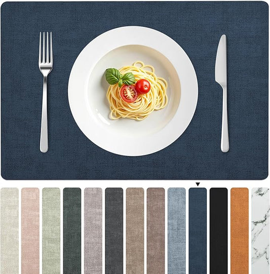 FROMHEART Faux Leather Placemats Set of 8–Waterproof,Heat/Oil Stain-Resistant PU Table Mat–Reversible,Non-Slip,Easy to Clean Place Mats for Kitchen,Dining,Indoor/Outdoor,(Dark Blue,11.8" x 17")