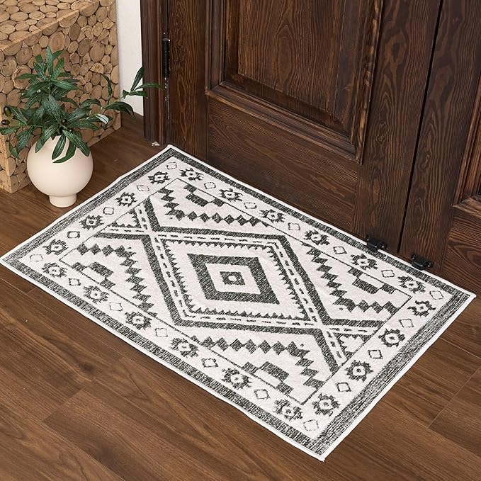 RAMEFILD Moroccan Washable Entryway Rug 2x3, Geometric Woven Area Rug, Non-Slip Boho Accent Soft Low-Pile Front Door Mat Indoor Entrance, Small Throw Rug for Bathroom Front Porch, Olive Green/White