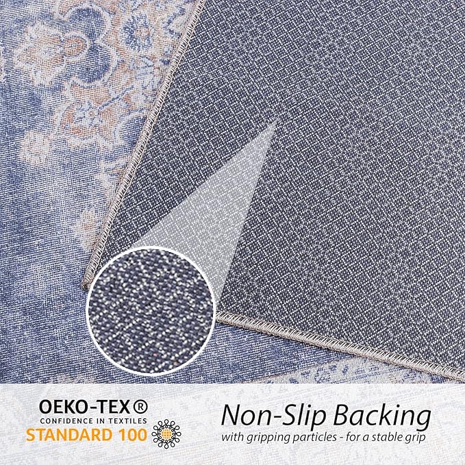 RugOver Machine Washable Area Rug, Pet-Friendly and Non-Slip Indoor Carpet for Kitchen, Bathroom, Living Room, Home Floor Decoration (Blue Jean/Peanut, 2' x 3')