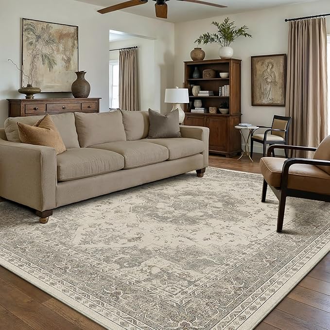 PureCozy 5x7 Washable Area Rug Beige Grey Vintage Distressed Rug for Office Oriental Soft Thin Indoor Retro Gray Carpet Non Slip Low Pile Floor Cover for Living Ding Room Bedroom Laundry Dorm