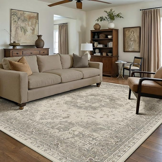 PureCozy 6x9 Washable Area Rug Beige Grey Vintage Distressed Large Rug for Living Room Oriental Soft Thin Indoor Retro Gray Carpet Non Slip Low Pile Floor Cover for Bedroom Dining Room Office Nursery