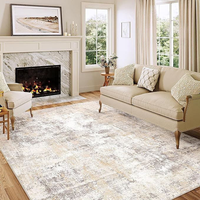 WondRg 5x7 Washable Area Rug Beige Grey Abstract Living Room Bedroom Throw Rug Neutral Modern Non Slip Soft Medium Pile Indoor Carpet for Dining Room Office Entryway