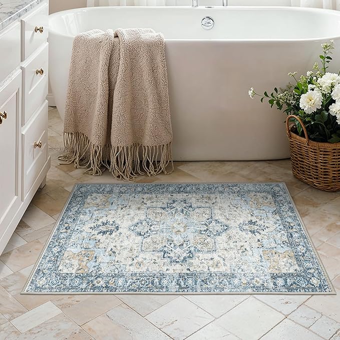 BESBLEE Area Rug 2x3 Doormat, Machine Washable Low Pile Vintage Rugs, Small Lightweight Rug Entryway Indoor Mat for Entrance, Hallway, Kitchen and Corridor, Blue