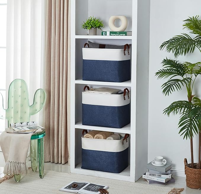 DECOMOMO Large Fabric Storage Baskets - Linen Closet Storage Bins with Handles for Laundry, Clothes, Home, Office (Navy Blue & White, XXL - 3 Pack)