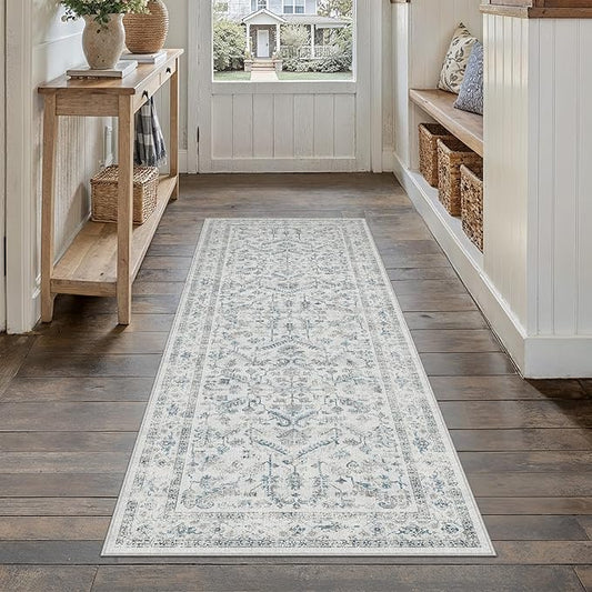 PureCozy Blue 2x5 Runner Rug Vintage Area Carpet Hallway Indoor Kitchen Washable Low Pile Traditional Distressed Retro Accent Throw Rug Non Slip for Laundry Bathroom Office