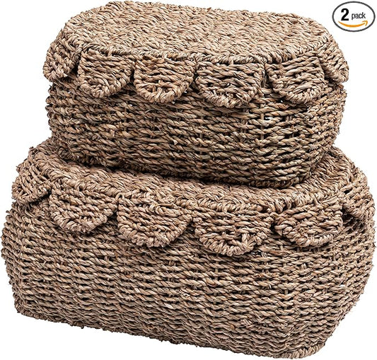 Set of 2 Hand Round Wicker Storage Baskets, Rattan Basket Decorative Boxes, Woven Storage Box Seagrass Baskets with Lids, Scalloped Edge Wicker Basket with Lid
