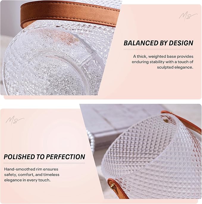 Nordic Handcrafted Glass Flower Vase with Vegan Leather Handle – Diamond Pattern Design – Modern Decorative Centerpiece – Elegant Gift for Weddings, Housewarming, Anniversaries – Stylish Home Décor