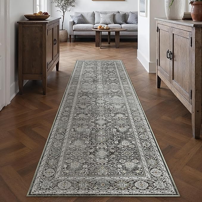 PureCozy Black Runner Rug 2'6"x8' Vintage Area Carpet Hallway Long Indoor Kitchen Washable Living Room Low Pile Traditional Distressed Retro Accent Rug Non Slip Laundry Bathroom Office Dining Room