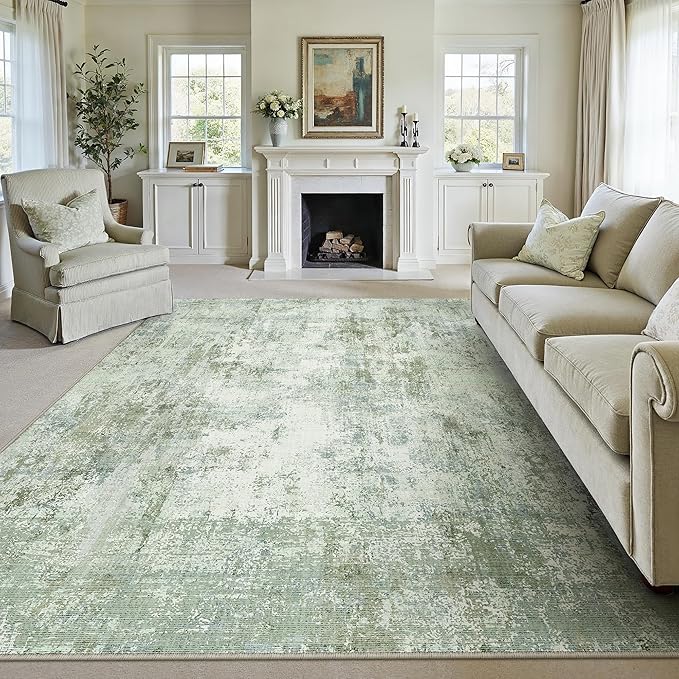 WondRg 6x9 Washable Area Rug Sage Green Abstract Living Room Bedroom Carpet Neutral Modern Non-Slip Soft Low Pile Lightweight Vacuumable Throw Rug for Dining Room Kitchen