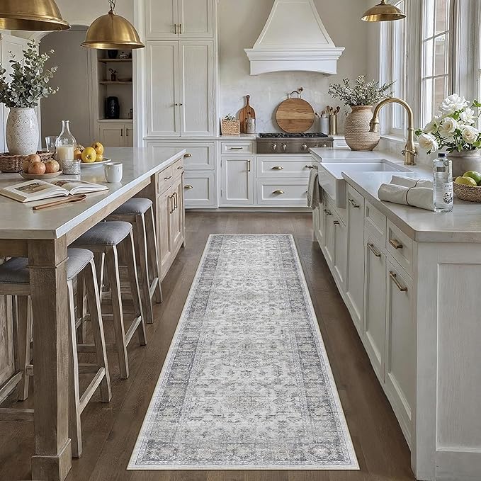 PureCozy 2x8 Grey Runner Rug Vintage Area Carpet Hallway Indoor Kitchen Washable Low Pile Traditional Distressed Retro Accent Throw Boho Rug Non Slip for Laundry Bathroom Office