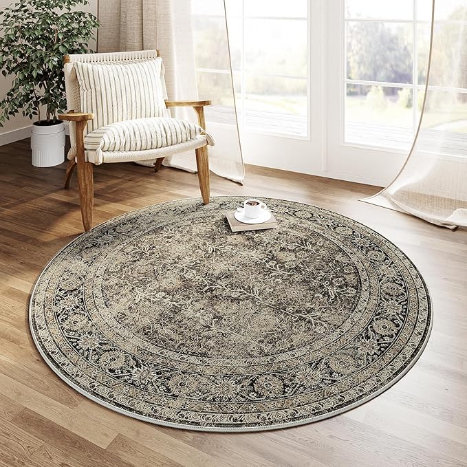PureCozy Brown Round Area Rug 3ft Entryway 3x3 Circle Vintage Indoor Kitchen Washable Door Mat Living Room Carpet Non Slip Traditional Distressed Retro Accent Throw Rug Office Dining Room Bathroom