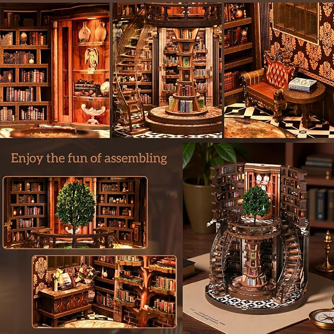 Book Nook Kit for Adults & Teens – DIY Miniature House Library, Wisdom Ring Library 3D Wooden Puzzle Bookend Bookshelf Insert with LED Light, Dollhouse Craft Kit for Decor & Gifts