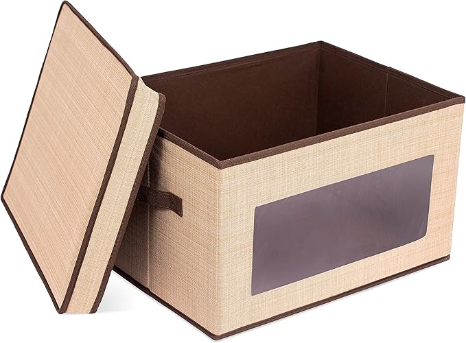 Internet's Best Storage Box with Window - Durable Storage Bin Basket Containers with Lids and Handles - Clothes Nursery Toys Organizer - Brown (Beige)