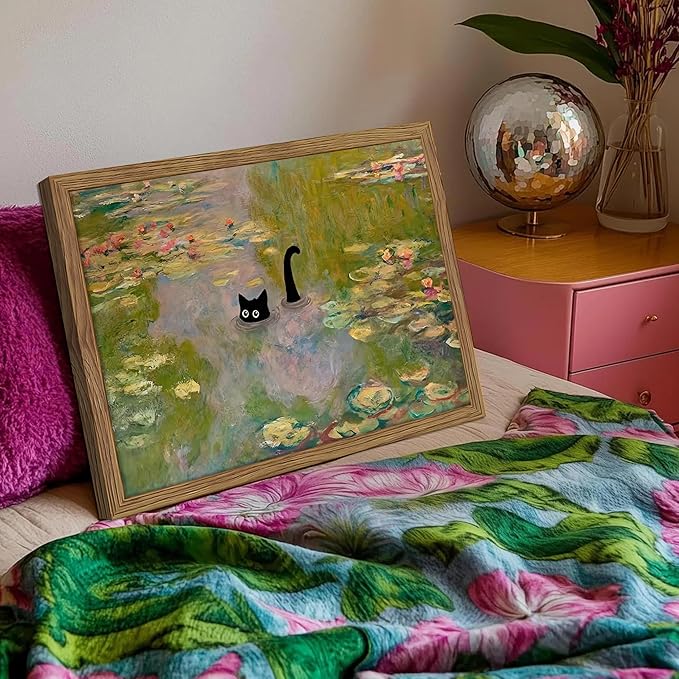 Framed Cat Wall Art, Pink Whimsical Claude Monet Wall Decor, Funny Black Cat Bathroom Pictures Paintings, Vintage Cute Animal Water Lilies Aesthetic Posters Prints for Bathroom Bedroom 12x16 Inch