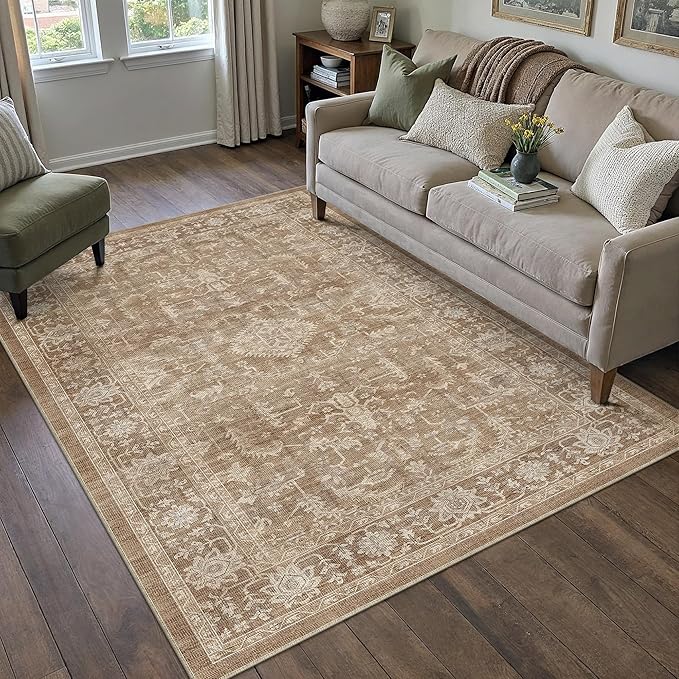 PureCozy 4x6 Brown Entryway Rug Vintage Area Carpet Indoor Office Washable Door Mat Entrance Small Low Pile Traditional Distressed Retro Accent Throw Boho Rug Non Slip Kitchen Bathroom