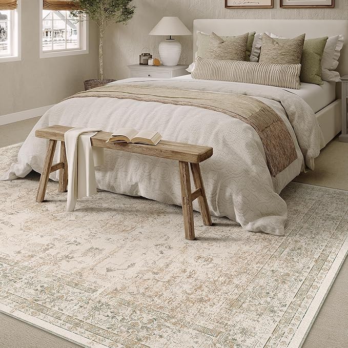 PureCozy 5x8 Washable Area Rug Beige Vintage Distressed Living Room Carpet for Office Oriental Soft Thin Indoor Retro Non Slip Low Pile Floor Cover for Ding Room Bedroom Laundry Dorm
