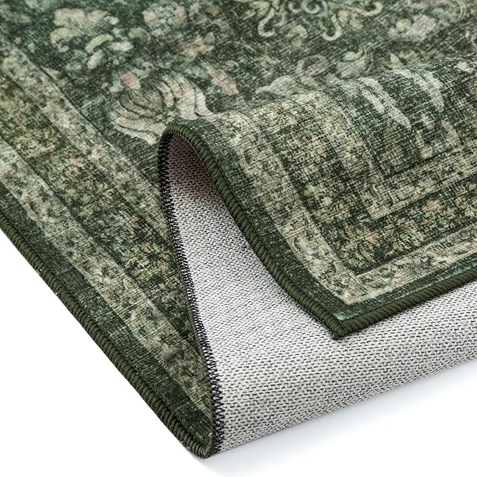 PureCozy Dark Green 2x6 Runner Rug Washable Hallway Kitchen Vintage Carpet Indoor Non Slip Small Low Plie Thin Bedroom Bathroom Rug Retro Accent Throw Dining Living Room