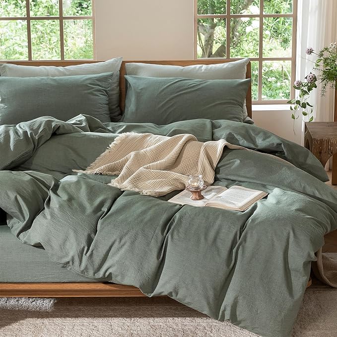 MooMee Bedding Duvet Cover Set 100% Washed Cotton Linen Like Textured Breathable Durable Soft Comfy (Heathered Green, King 104"x90")