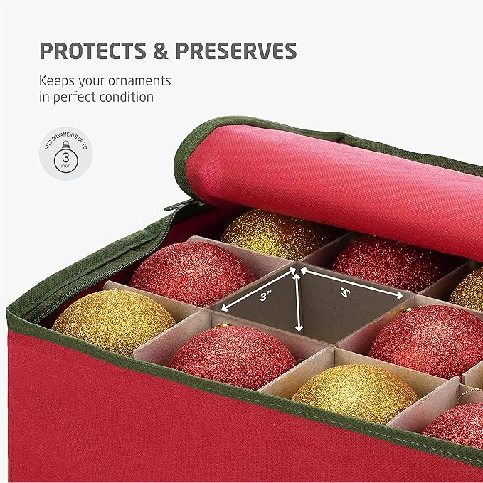 ZOBER Large Christmas Ornament Storage Box - Stores 128 3" Ornaments, With Dividers - Ornament Organizer Storage Box, Durable Christmas Containers Holder - Extra Pockets, Dual Zipper - Red