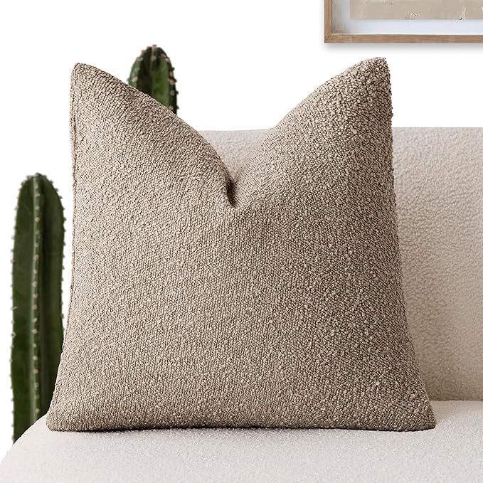 Foindtower Decorative Textured Boucle Throw Pillow Covers Accent Solid Pillow Cases Neutral Soft Cozy Couch Cushion Case for Chair Sofa Bedroom Living Room Home Decor 24x24 Inch,1PC,Light Khaki Tan