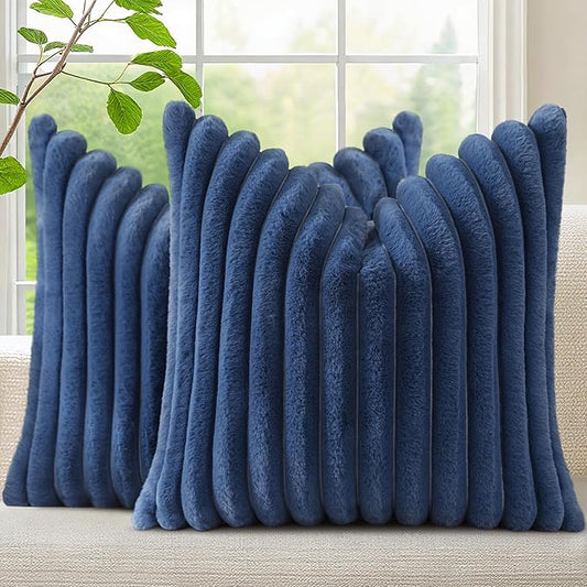 decorUhome Faux Fur Spring Throw Pillow Covers 16x16 Set of 2, Decorative Soft Plush Striped Neutral Couch Pillow Covers with Velvet Back for Sofa, Bed, Living Room Home, Blue