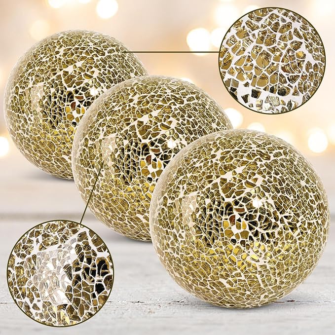 DomeStar 3PCS Decorative Balls, 4inch Mosaic Glass Orbs Centerpiece Balls Gold Orbs for Decorate Bowls Vases Tables Wedding Party