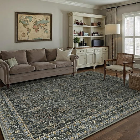 PureCozy Area Rug 5x7 Black Washable Vintage Living Room Carpetb Traditional Distressed Bedroom Indoor Soft Non Slip Large Rug Retro Thin Low Pile Floor Cover for Office Dining Room