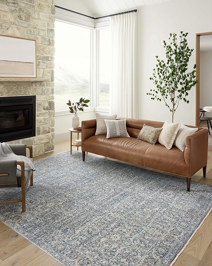 Loloi Angela Rose Blake Collection BLA-03 Denim/Taupe 5'-3" x 5'-3" Round, .25" Pile Height, Fringe, Area Rug