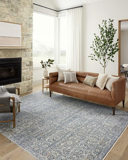 Loloi Angela Rose Blake Collection BLA-03 Denim/Taupe 5'-3" x 5'-3" Round, .25" Pile Height, Fringe, Area Rug