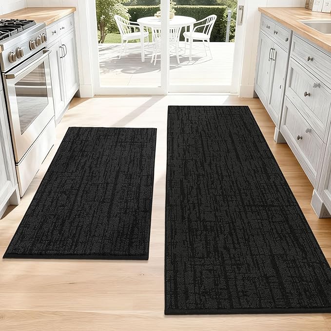 COSY HOMEER Kitchen Rugs Non Slip Washable 24"x36"+24"x60",Absorbent Soft Kitchen Mats for Floor,Polyester Kitchen Runner Rug Sets of 2,Kitchen Floor Mats for Sink Mat,Hallway,Laundry,Black
