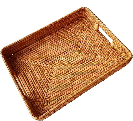 i-lan 15 Inch Large Size Handwoven Serving Tray, Decorative Rectangular Rattan Basket Bread Trays with Handles and 2.3”Wall, Vintage Organizer Plate Wicker Basket Tray for Dessert, Snack, Candy, L