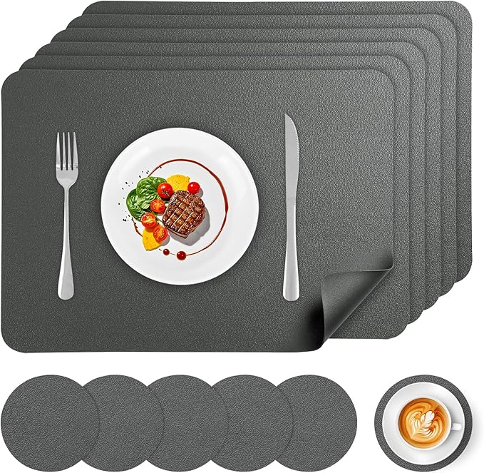 Faux Leather Placemats Set of 6, Vinyl Placemats Heat Resistant Place Mats, Waterproof Oil-Proof Wipeable Dining Table Mats and Coasters for Kitchen, Indoor, Outdoor (Gray)