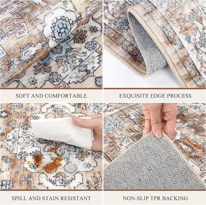 Pauwer Kitchen Rugs Sets of 3 Non Slip Washable Kitchen Mats for Floor Farmhouse Kitchen Floor Mat Runner Rug Boho Kitchen Sink Rug Carpet for Kitchen Hallway Laundry Room, Vintage Cream Tan
