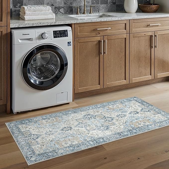 BESBLEE Runner Rug 2'6''x5,Non Slip Vintage Machine Washable Runner Rug, Low Pile Lighrweight Rugs for Entryway, Hallway, Kitchen and Corridor, Blue