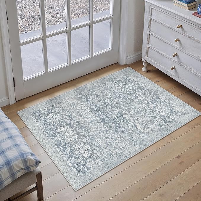PureCozy Blue 2x3 Area Rug Washable Entryway Door Mat Vintage Carpet Indoor Non Slip Small Low Plie Thin Kitchen Bathroom Rug Retro Accent Throw Entrance Bedroom Office Living Room