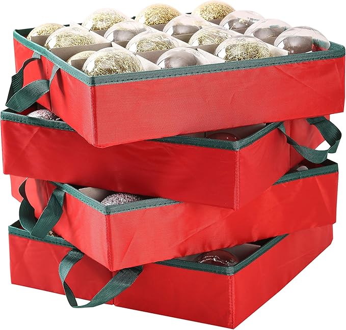 Sattiyrch Large 2-in-1 Christmas Ornament Storage Box & Xmas Figurine Container - Easy Access Removable Trays, Keeps 73 Holiday Ornaments - Adjustable Extent Area for Figurines and Pockets