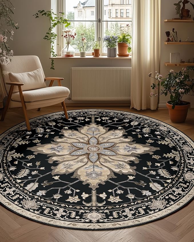 RELEANY Area Rugs 5ft Washable Non-Slip, Floral Vintage Distress Print Pattern Medallion Carpet for Living Room Bedroom Dining Room, Black Brown Neutral Dark Tan
